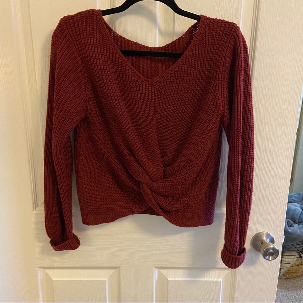 Cranberry Knotted Crop Sweater